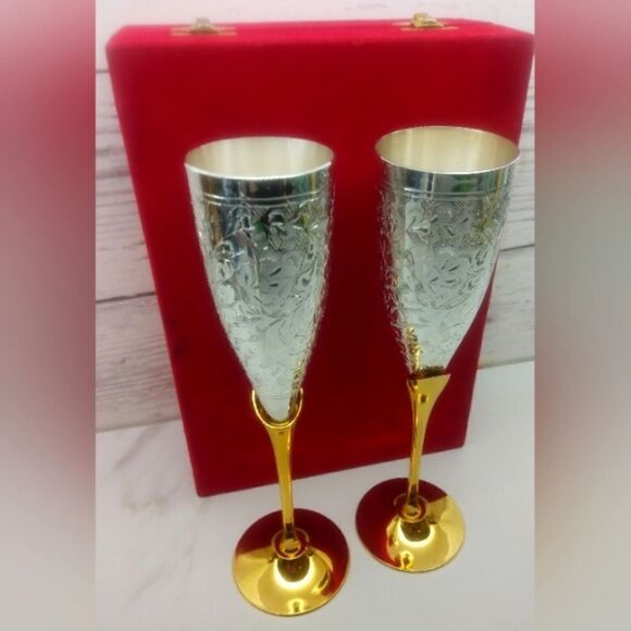 Vintage Champagne Flutes Glasses Brass Silver Plate  From Calcutta India - Picture 11 of 16